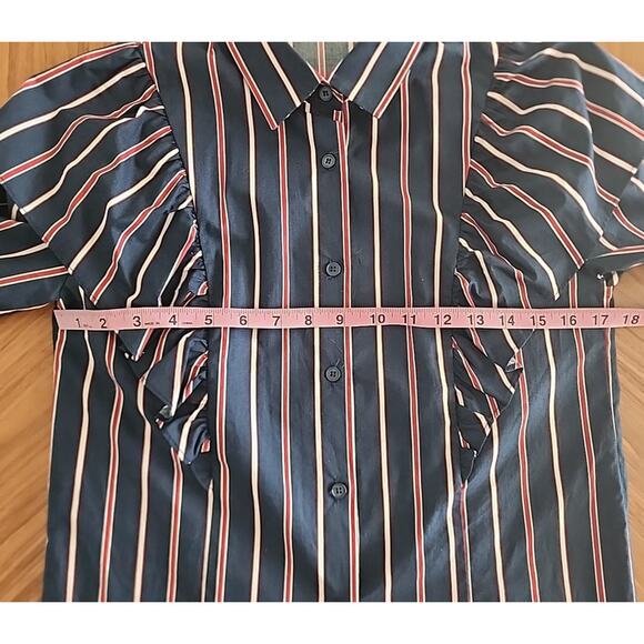 Pixie Market Button Down Poplin Statement Shirt Stripe Ruffled Shoulder Small - Picture 5 of 6